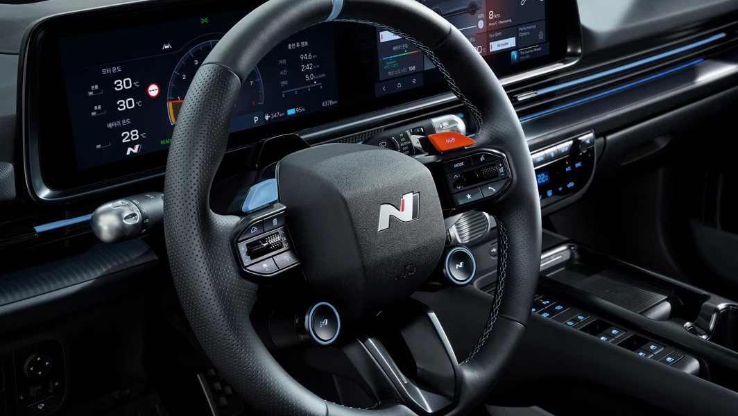 Hyundai IONIQ 6N Interior Close Up Steering Wheel CE N Built In Parsu Bio Steering Wheel