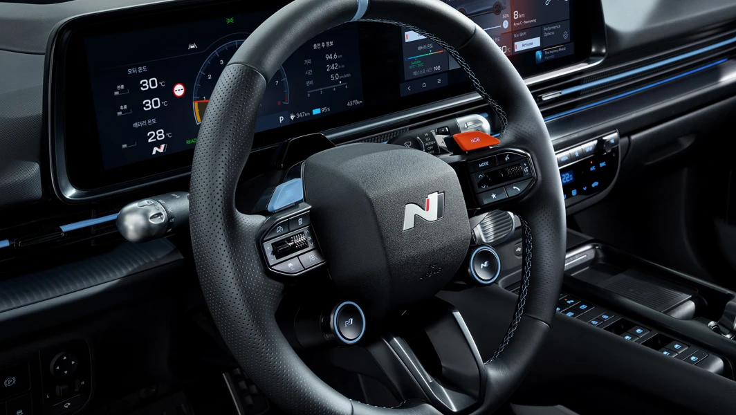Hyundai IONIQ 6N Interior Close Up Steering Wheel CE N Built In Parsu Bio Steering Wheel